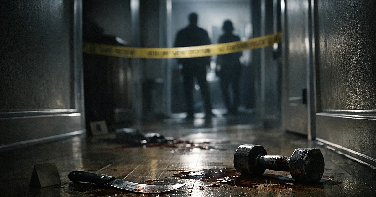 Dark residential hallway with evidence markers and crime scene tape documenting a violent incident