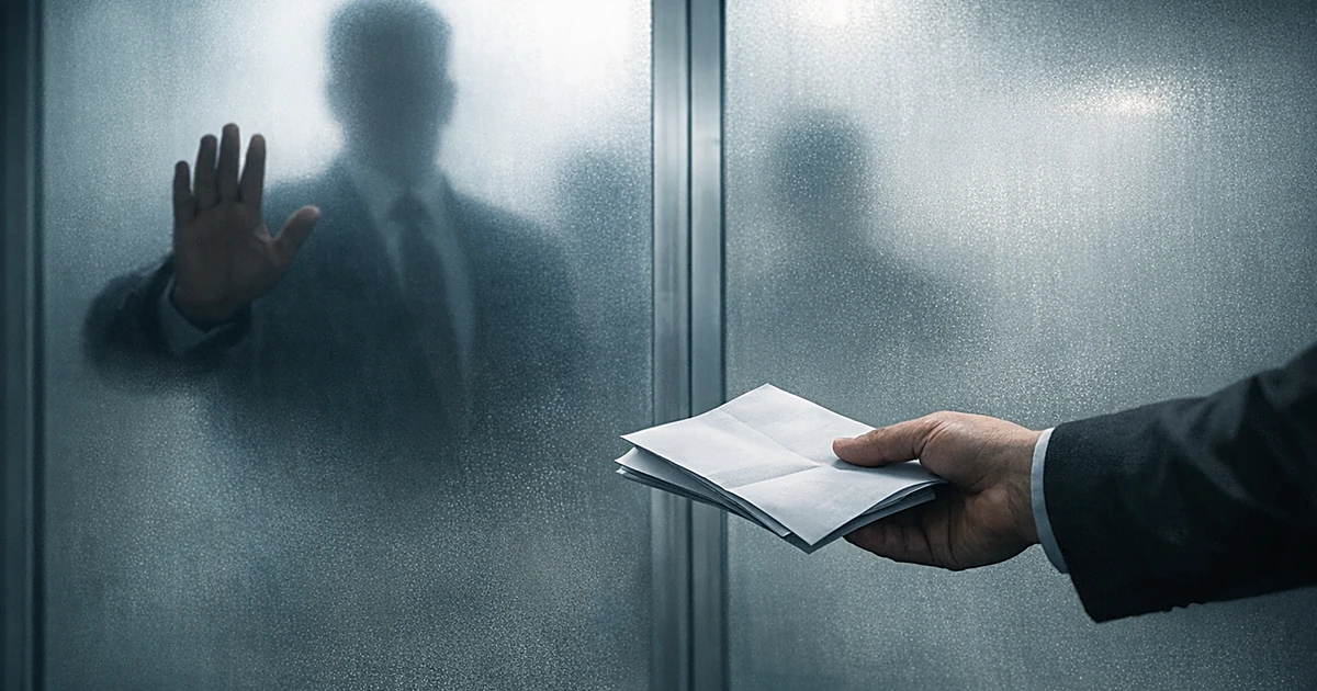 Silhouetted figure behind barrier as hand extends document that cannot reach them, depicting blocked legal service