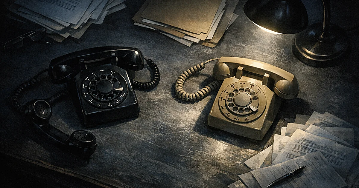 Two old telephones on a shadowy desk with scattered papers, lit by a single lamp in dark office setting