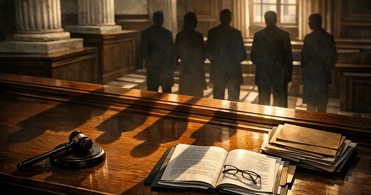 Overhead view of judge's bench with gavel and legal documents, shadows of people cast across surface in courthouse