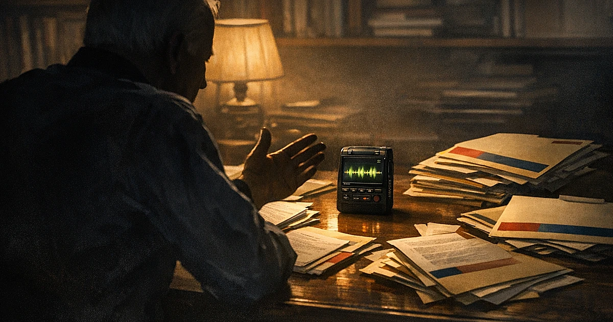 Recording device and classified folders on desk with silhouetted figure speaking in dimly lit study