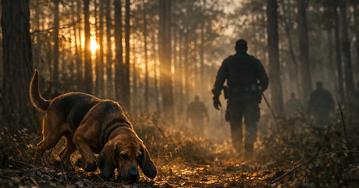 Bloodhound tracking through Georgia forest at dusk with officer silhouette in background among pine trees