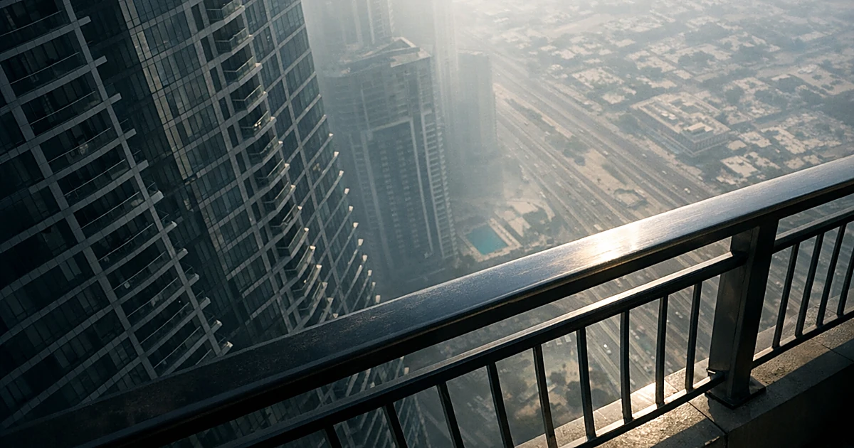 Aerial view looking down from a high-rise balcony showing the dangerous height of a modern glass building in Dubai