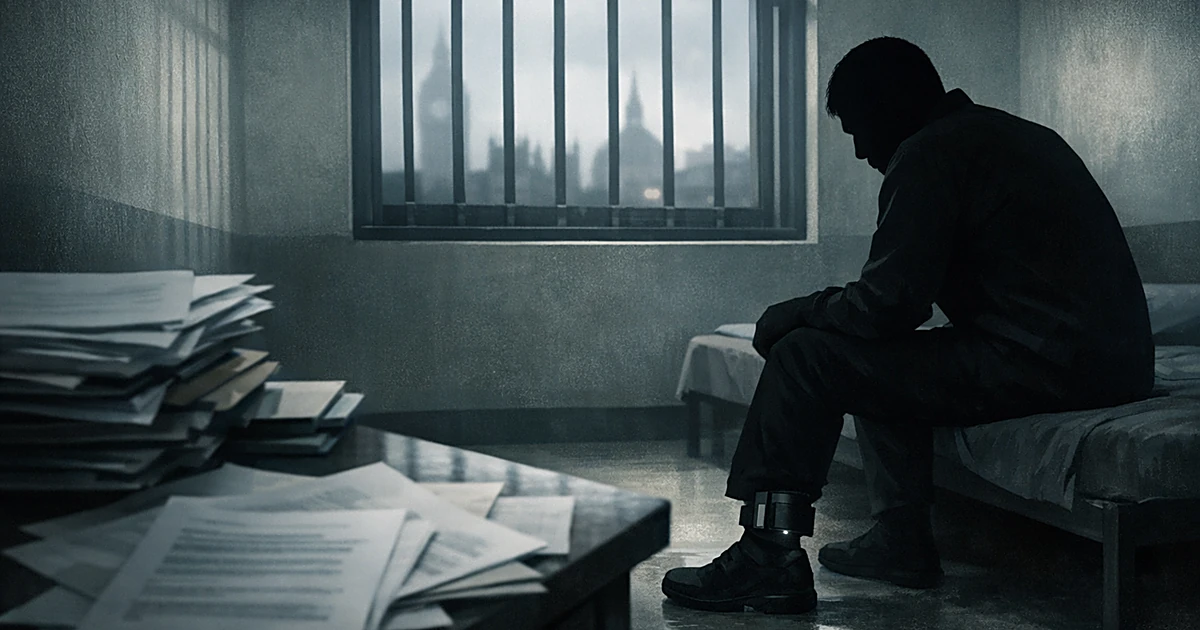 Silhouetted figure with ankle monitor in institutional room with legal documents and distant government buildings