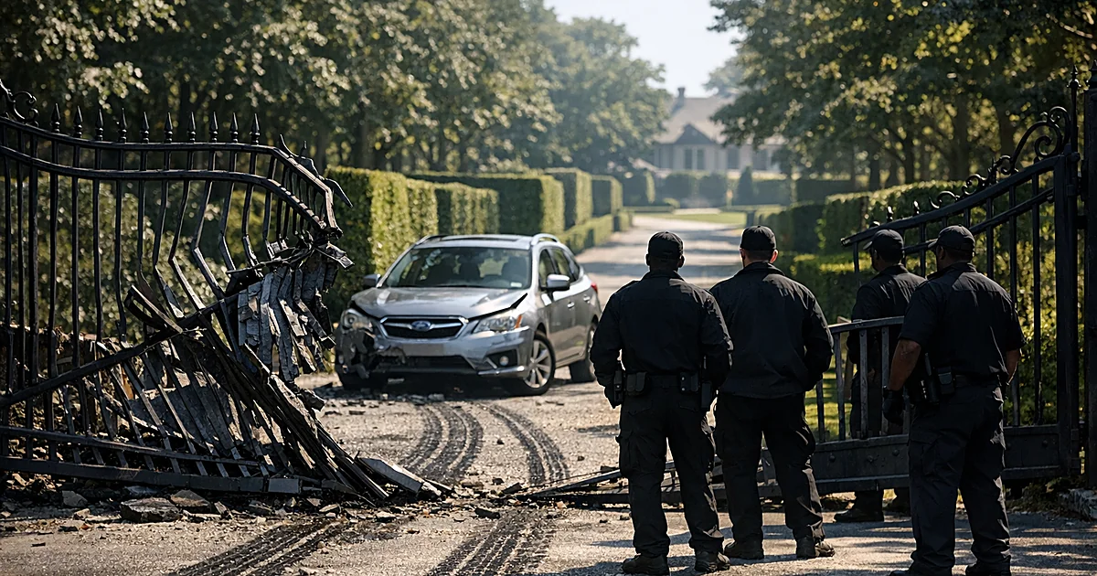Damaged estate gate with broken metal bars, tire tracks on pavement, and silhouetted security guards near vehicle