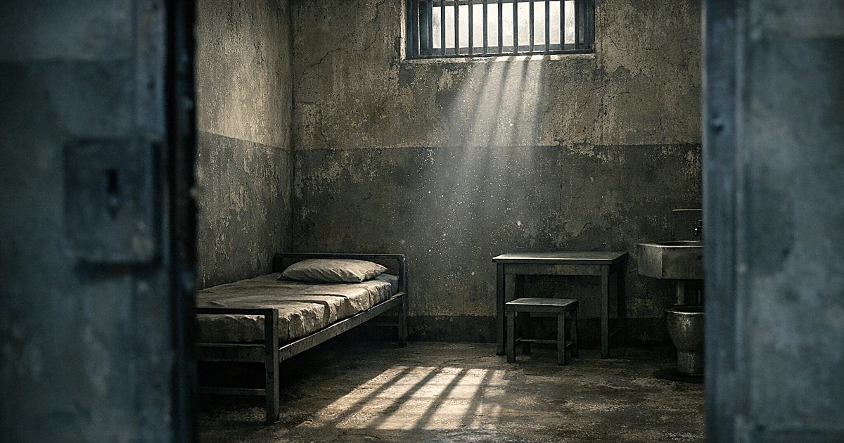 Empty prison cell with barred window casting shadows on weathered concrete walls, metal bed frame and desk visible
