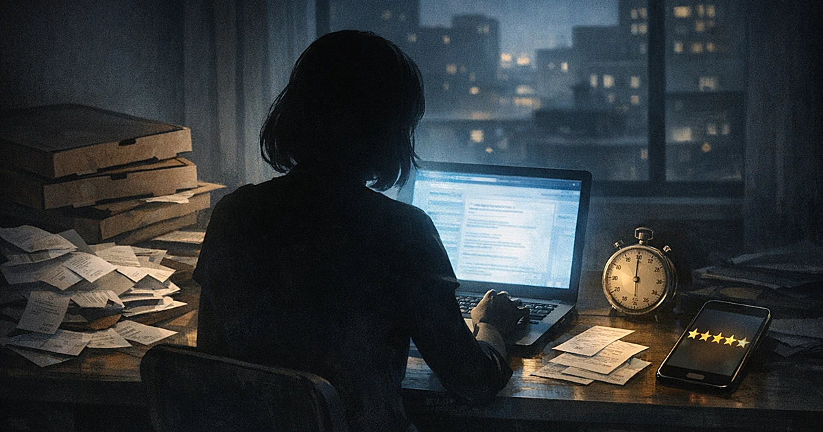 Silhouette at laptop with receipts and phone showing star ratings, documenting consumer experiences at night