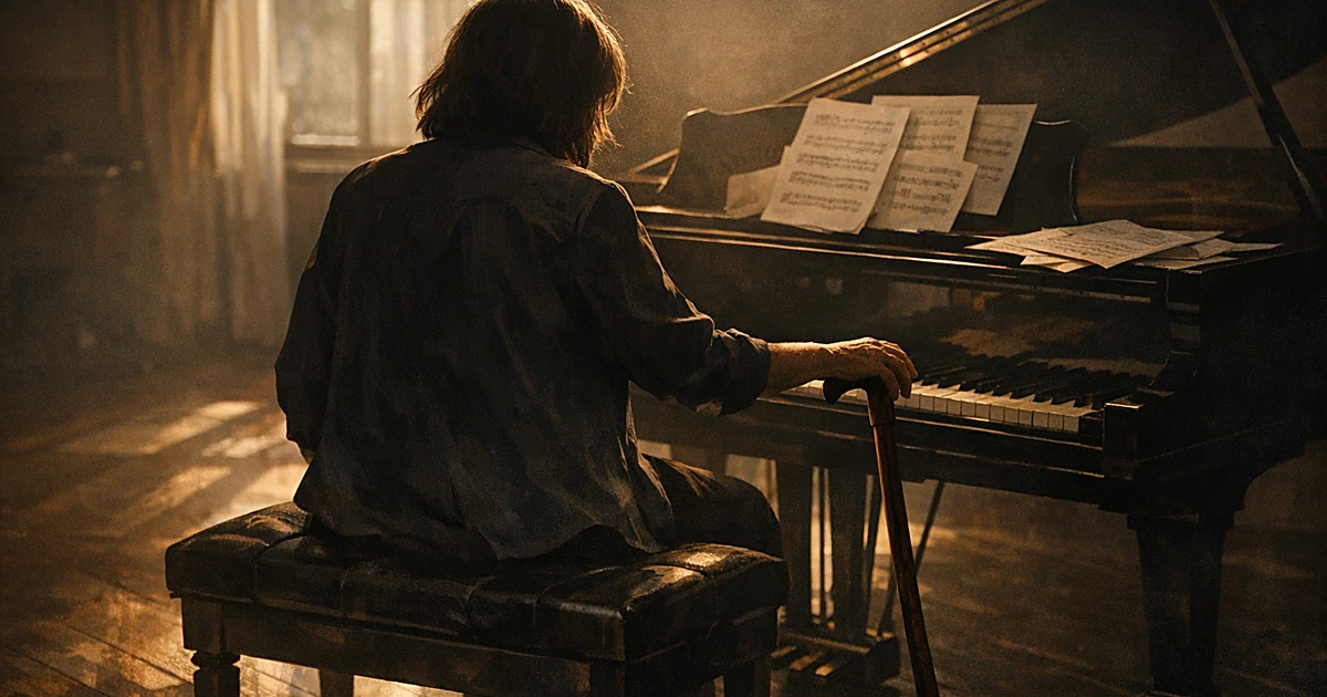 Person seen from behind at piano with cane, sunlight streaming through window onto scattered sheet music