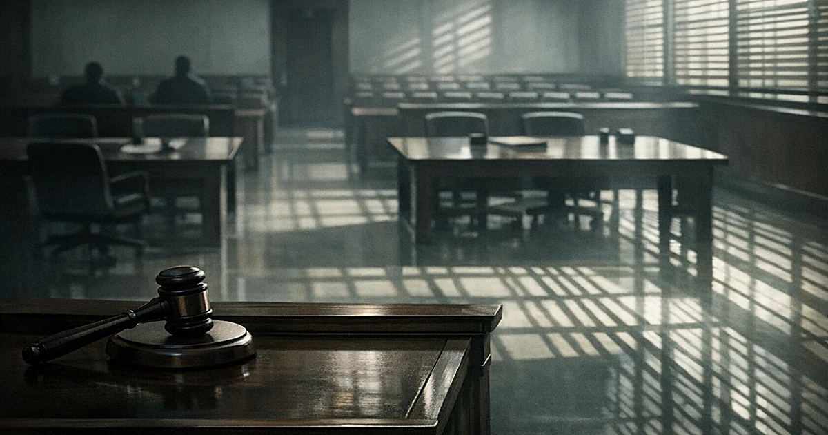 Empty courtroom interior with judge's bench, wooden seating, and harsh lighting casting geometric shadows