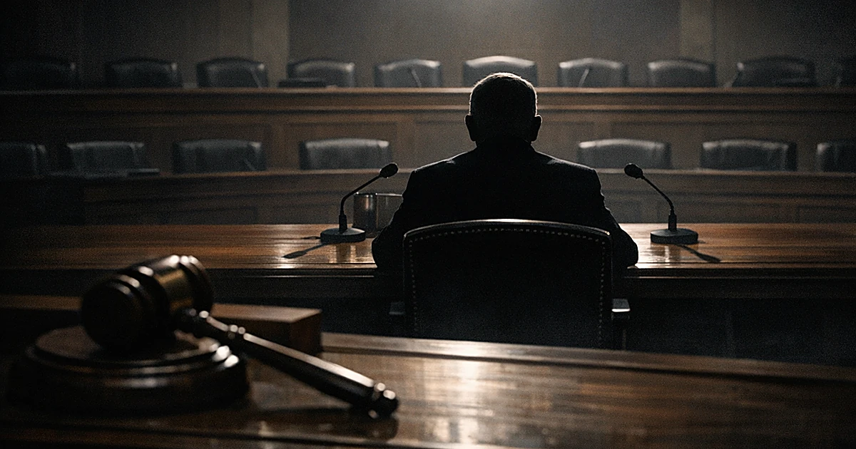 Silhouetted figure at witness table in congressional hearing room with gavel in foreground