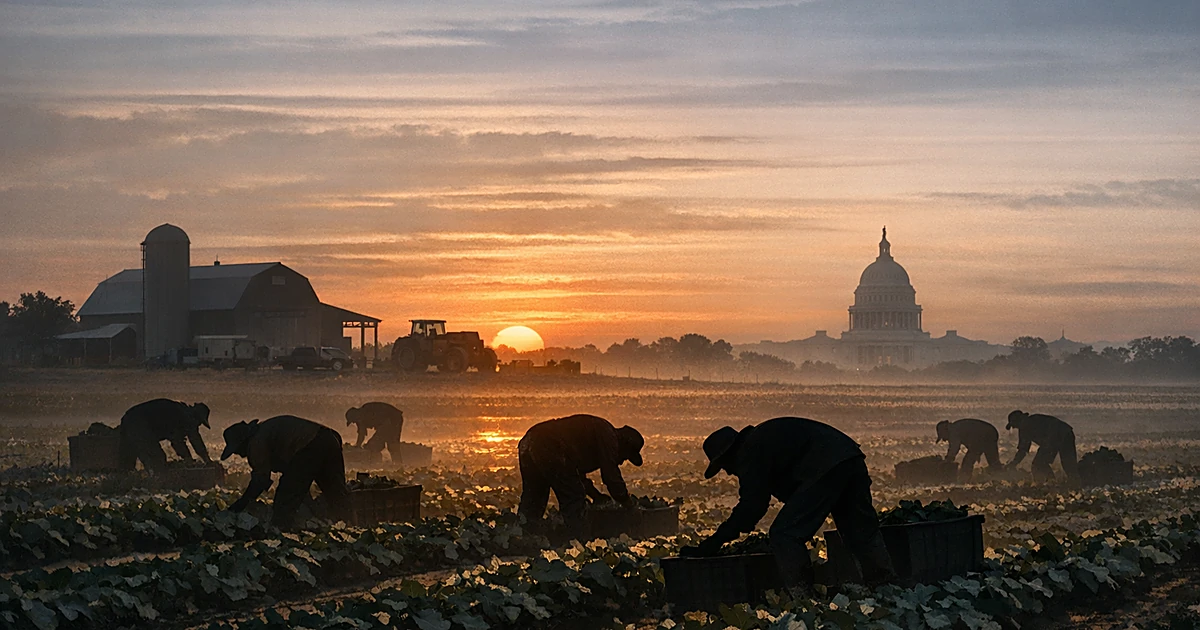 Silhouetted farm workers harvesting crops in field with Capitol building shape visible on distant horizon at sunset