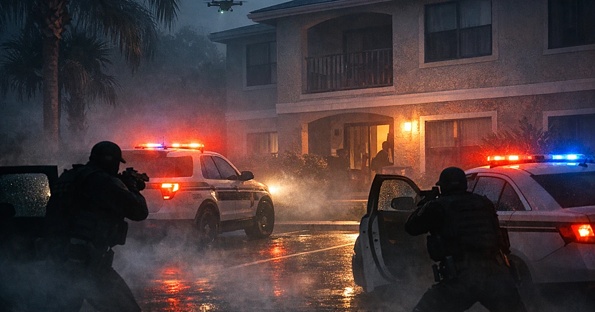 Sheriff's patrol vehicles with emergency lights at apartment complex with officer silhouettes in defensive positions