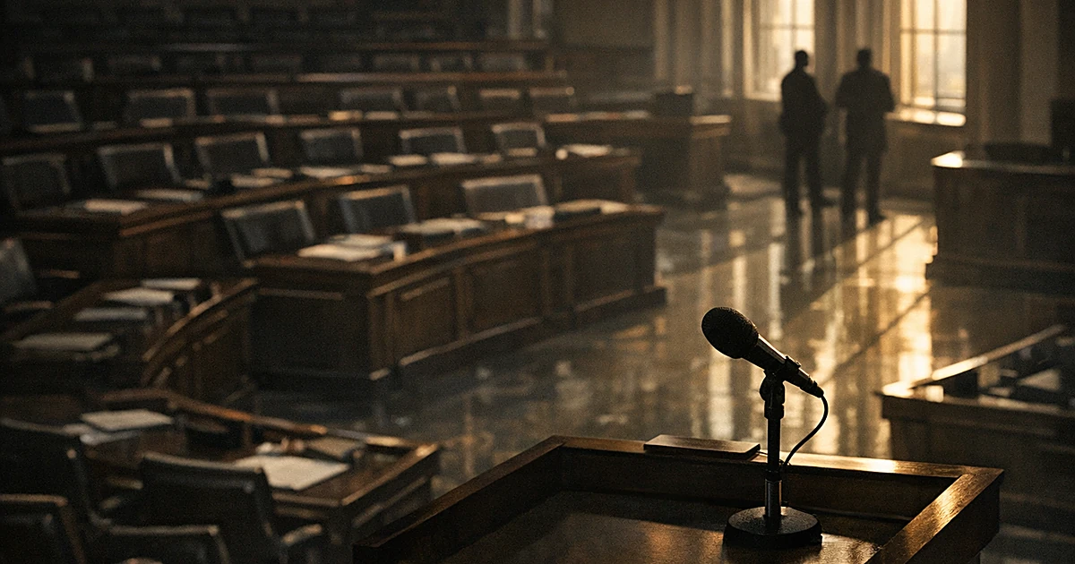 Empty legislative chamber with vacant desks and a lone microphone at podium, lit by afternoon light through windows