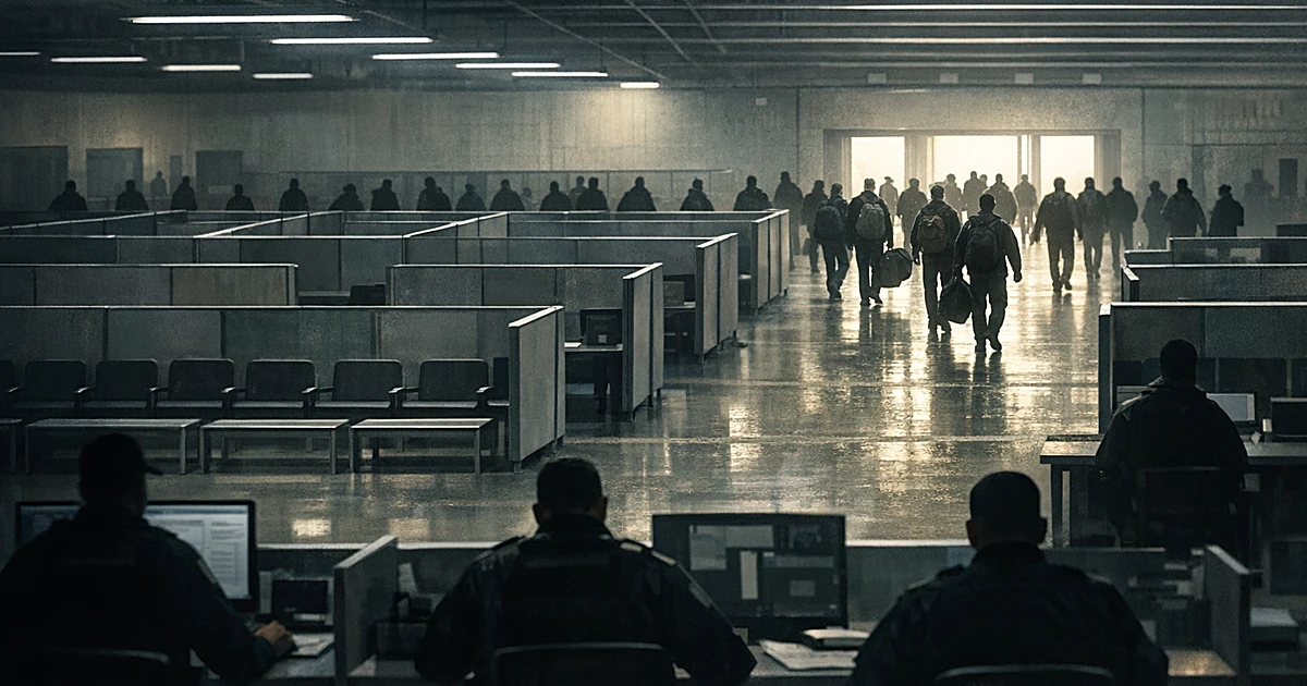 Silhouettes of officials at processing stations in large facility with distant figures moving toward exit doors