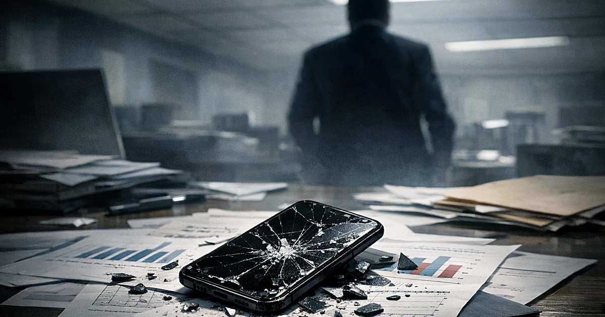 Shattered smartphone on cluttered office desk with silhouetted figure in background of dimly lit workspace