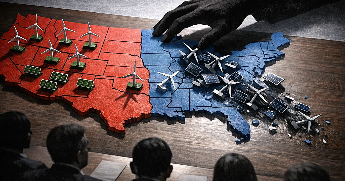 Hand sweeping miniature green energy installations from blue states on US map while red states remain untouched