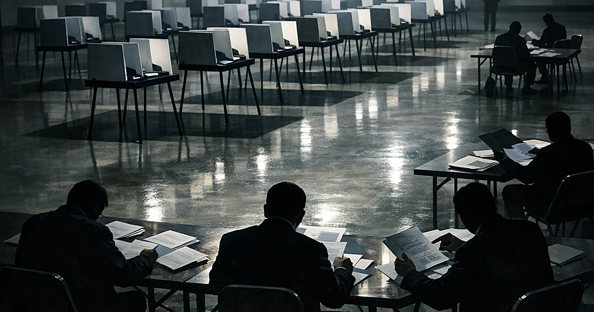 Overhead view of voting booths and silhouetted officials examining documents in institutional room with dramatic lighting
