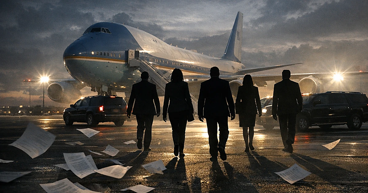 Silhouetted figures walking toward vehicles near a presidential aircraft with documents blowing across the tarmac