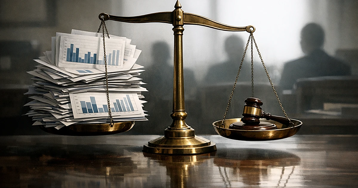 Balance scale with statistical charts on one side and gavel on other, tipped toward data side in dim office lighting