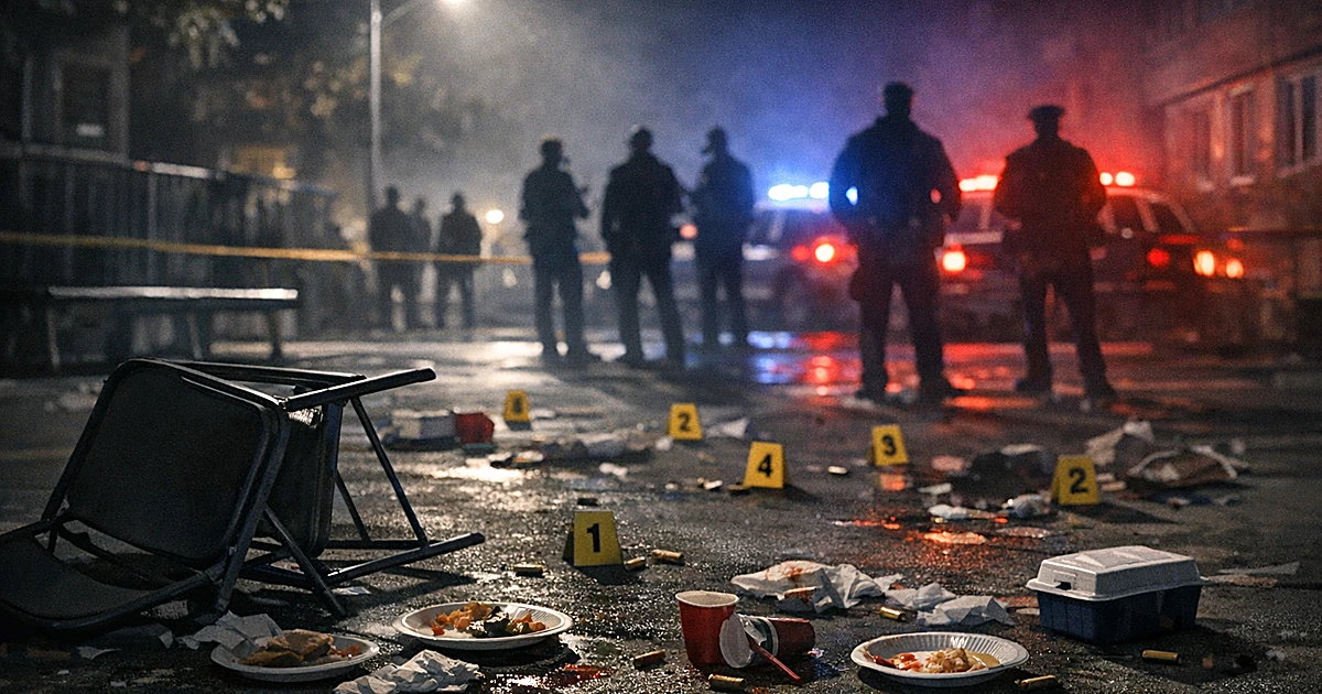 Abandoned cookout scene with overturned chairs and scattered items on pavement under streetlights at night