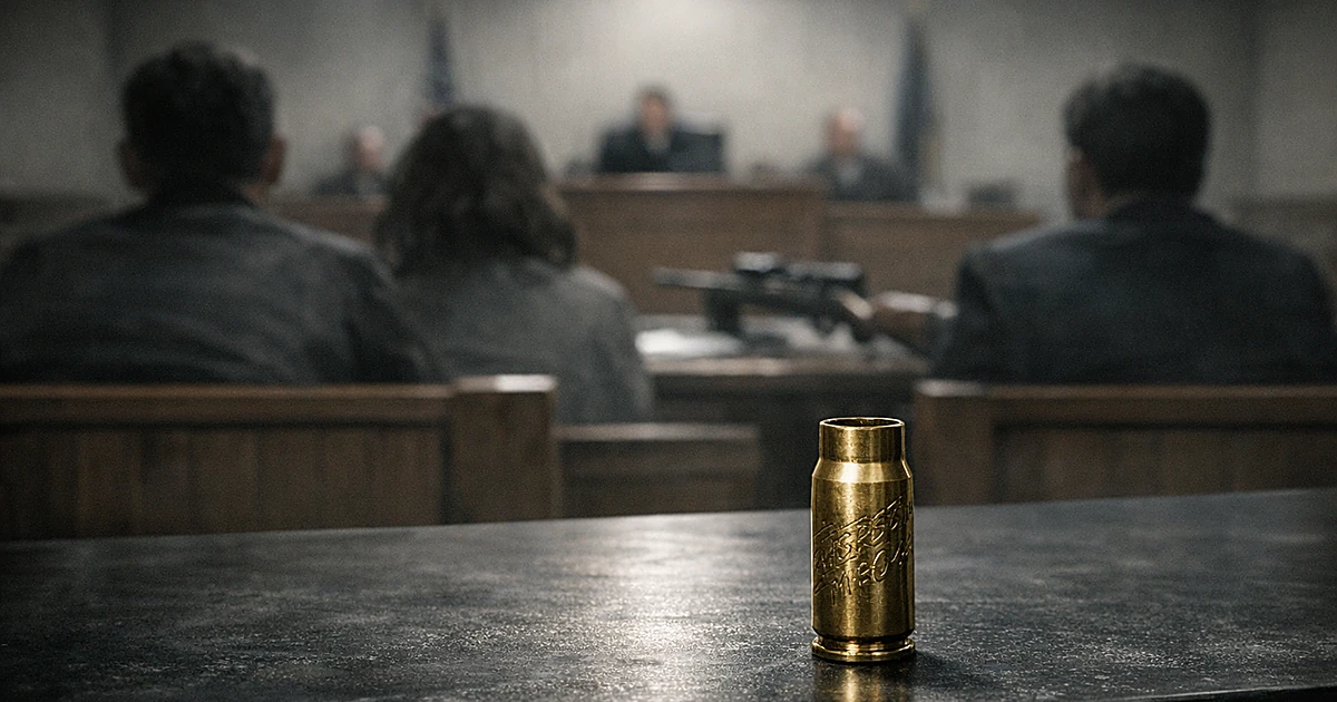 Engraved bullet casing on evidence table in courtroom with silhouetted figures in background