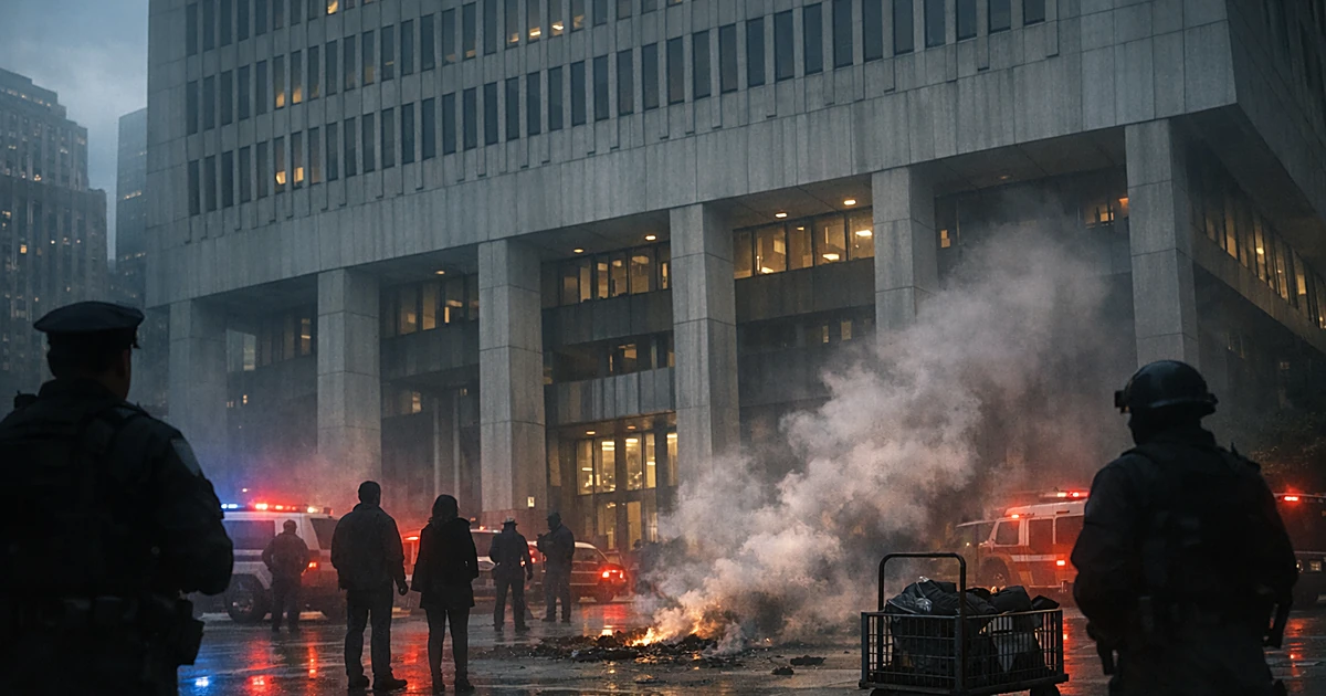 Emergency responders as silhouettes near smoke outside federal building plaza with abandoned cart on ground