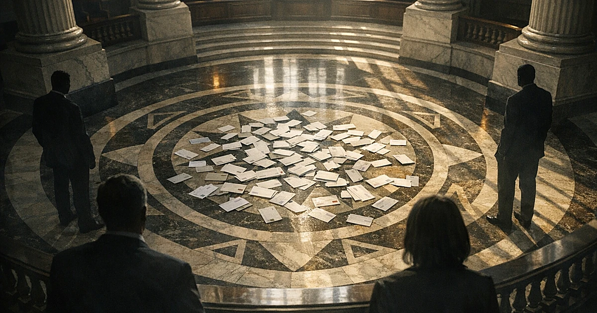 Overhead view of courthouse interior with mail-in ballot envelopes scattered on marble floor, silhouettes at edges