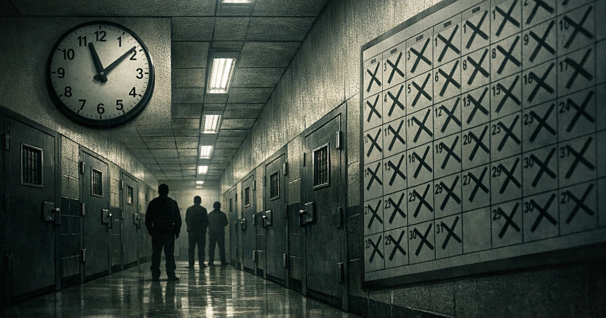 Institutional detention facility hallway with metal doors, calendar showing months, and clock emphasizing passage of time