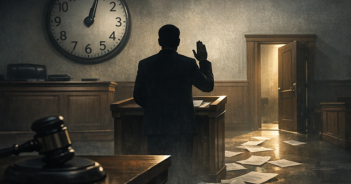 Silhouetted figure taking oath at courtroom podium with clock showing minimal time passed and scattered papers