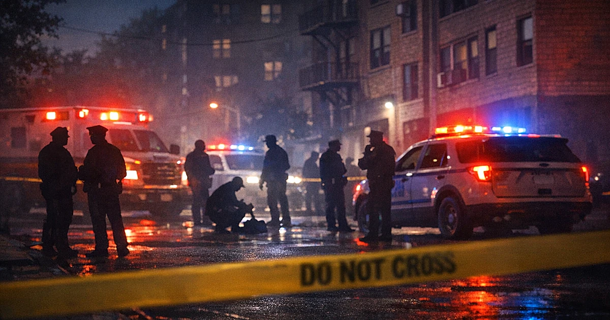 Police vehicles with flashing lights at night crime scene with yellow tape and silhouetted officers in background