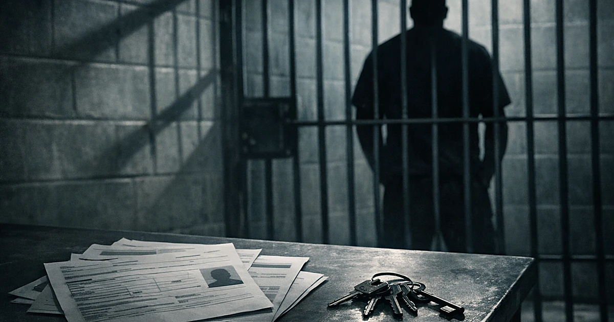 Silhouetted figure behind jail cell bars with booking paperwork on desk in foreground