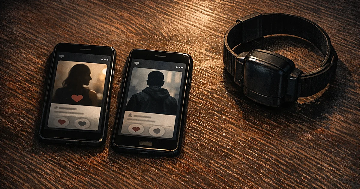 Two smartphones showing dating app next to electronic ankle monitor on dark table surface
