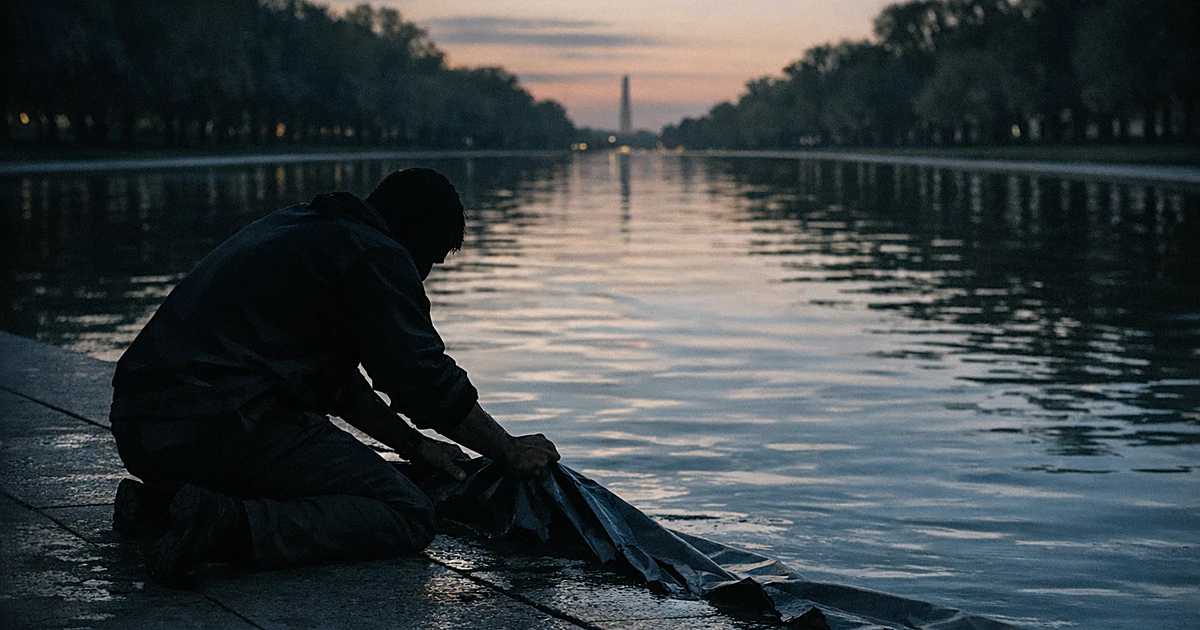 Silhouetted person kneeling at edge of reflecting pool, hands on liner material, shot from behind at dusk