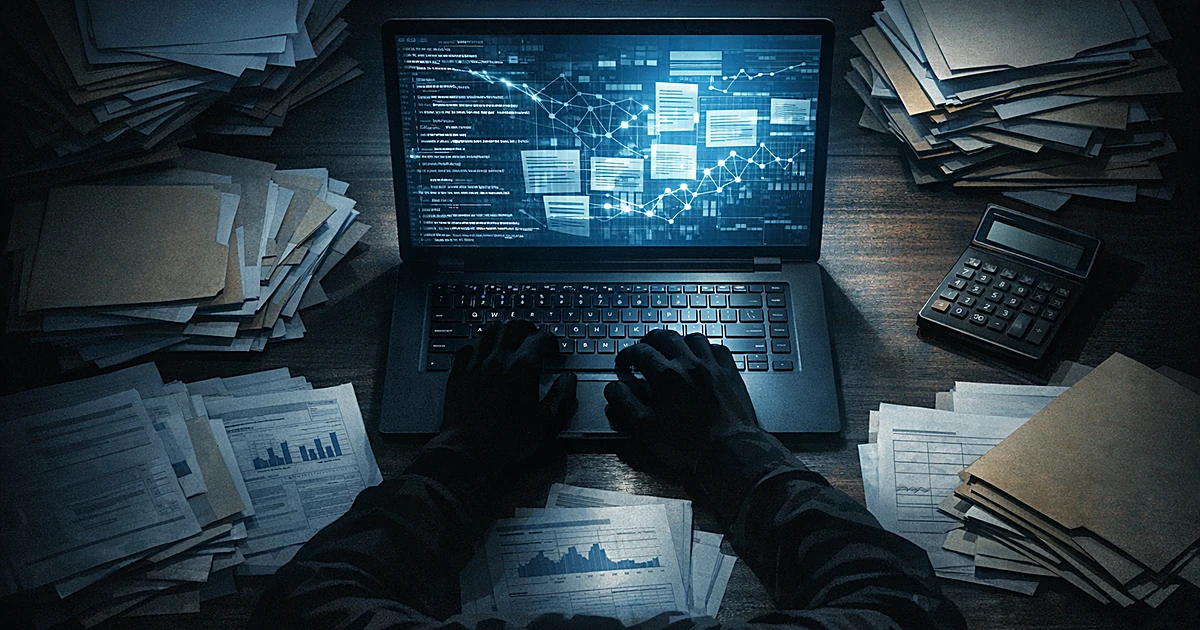 Overhead view of laptop with AI-generated data streams, billing documents, and silhouetted hands typing in dark room