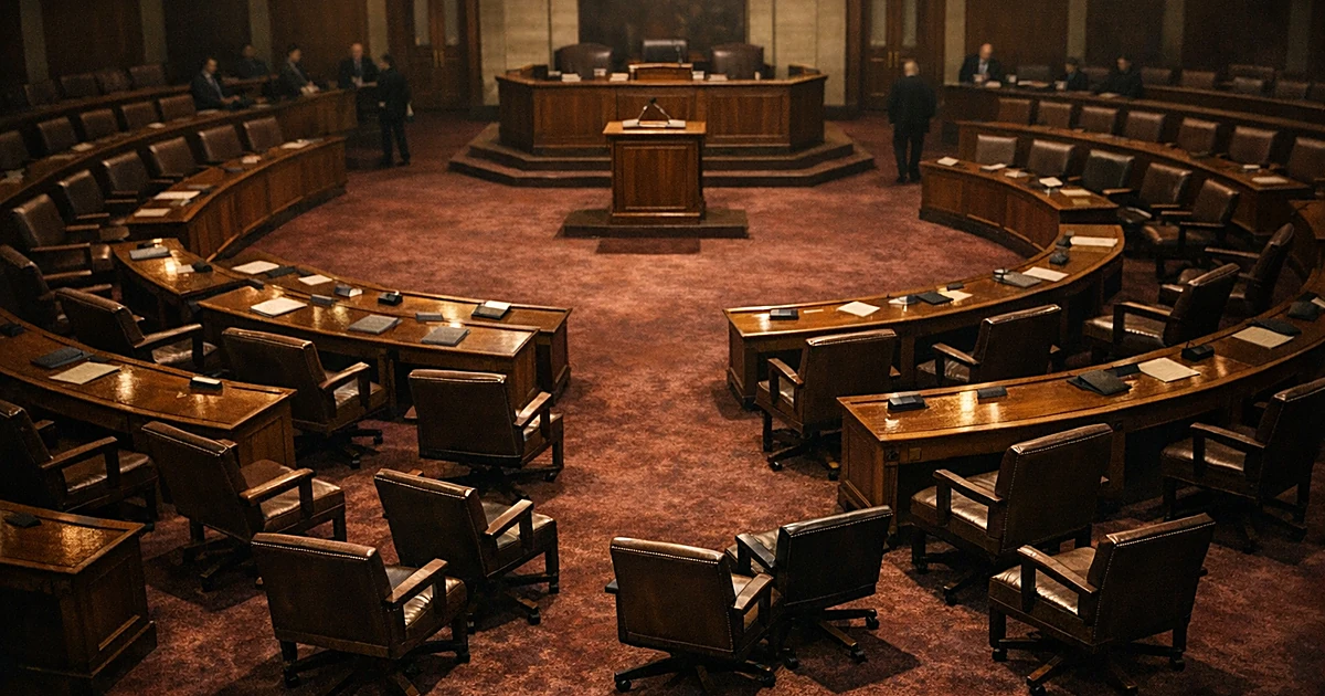 Empty legislative chamber with fourteen chairs pushed away from formation, symbolizing Republican defection on vote
