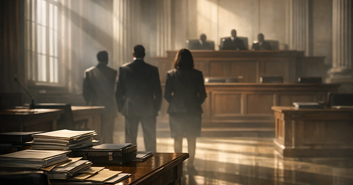 Empty courtroom with silhouetted figures facing judicial bench, legal documents on tables, dramatic window lighting