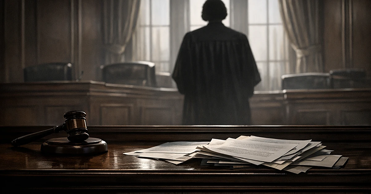 Empty courtroom with judge's bench, gavel, documents, and silhouetted robed figure facing away toward windows