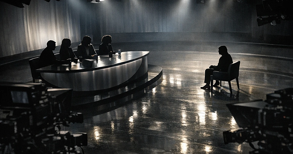 Silhouettes of talk show hosts and guest in tense studio setting with dramatic lighting and shadows