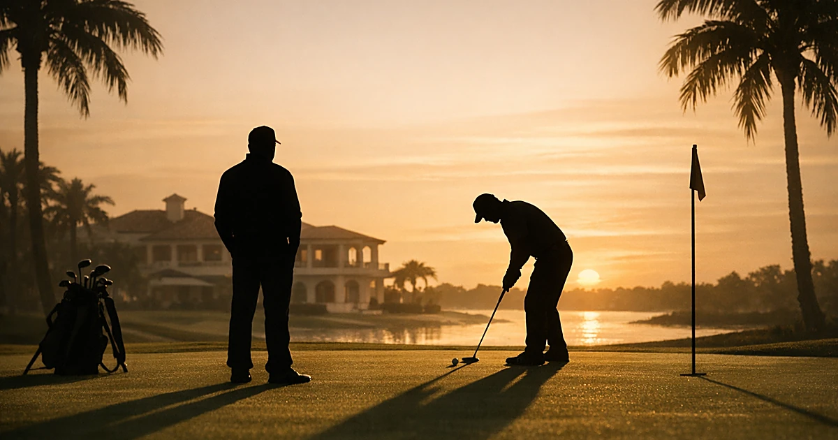 Silhouettes of two golfers on a palm-lined course at sunset, one putting while the other observes