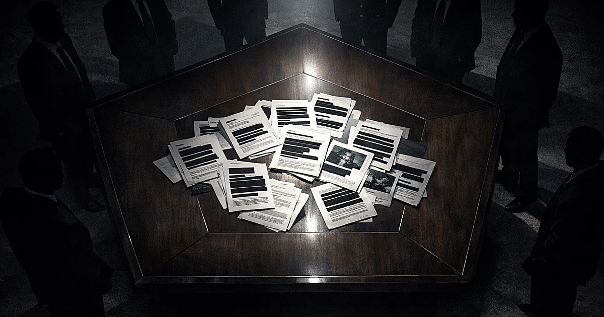 Overhead view of pentagon-shaped table with redacted documents under spotlight, surrounded by silhouetted figures
