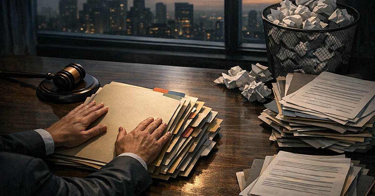 Hands pushing away document folders on desk with gavel, overflowing waste basket, and city silhouette in background