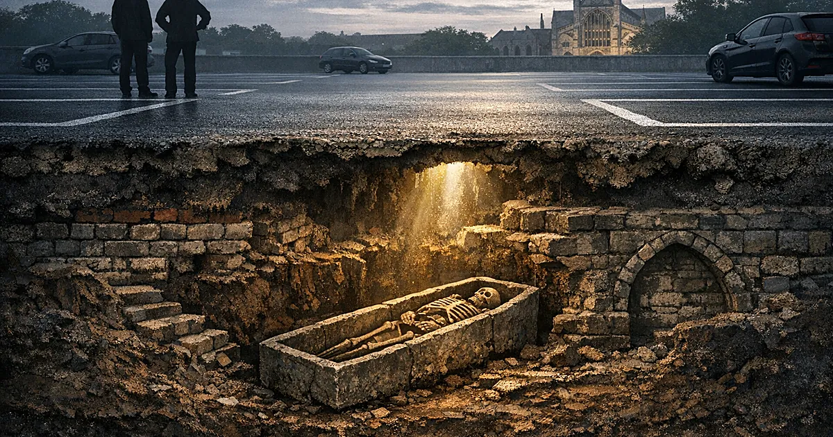 Cross-section view showing car park surface above buried medieval stone coffin and ruins in earth layers beneath