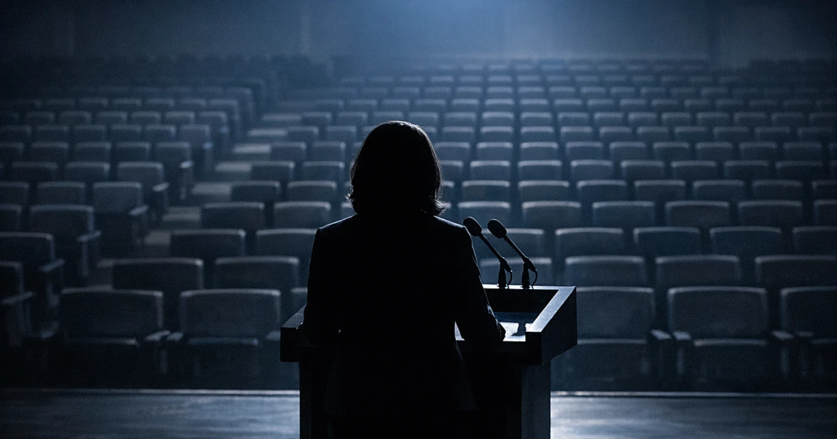 Silhouetted figure at podium facing empty auditorium seats, suggesting declining political support