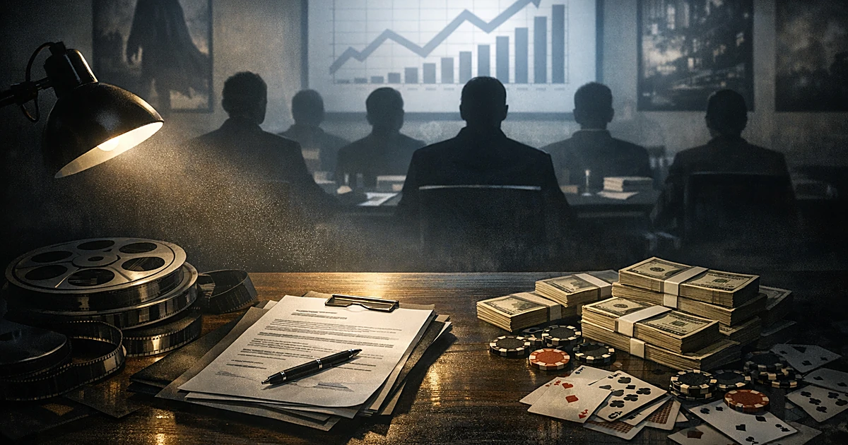 Office desk with film reels, cash, and playing cards, with investor silhouettes viewing financial charts in background