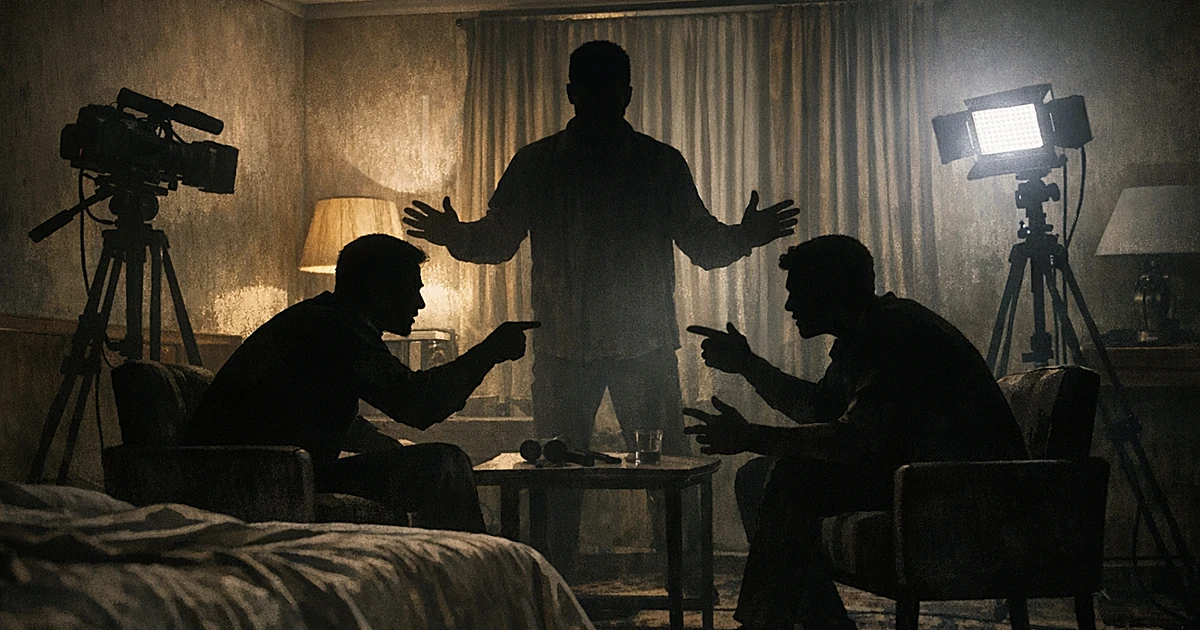 Silhouettes of two seated figures in tense confrontation with mediator standing between them in motel room setting