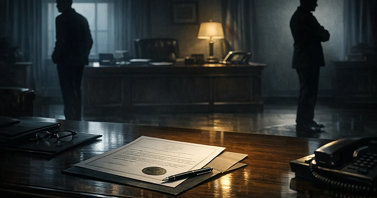 Two silhouetted figures stand apart in a shadowy office with a pardon document on a desk between them