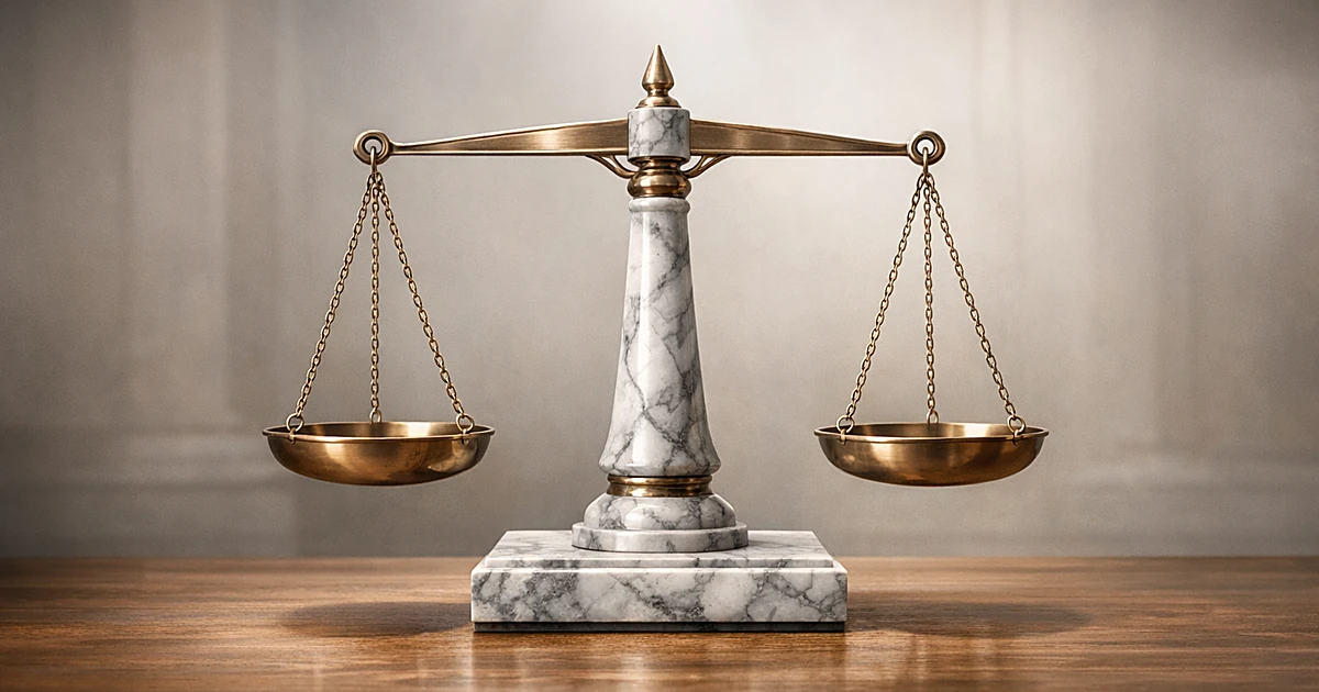 Abstract marble balance scale on wooden surface with soft natural lighting