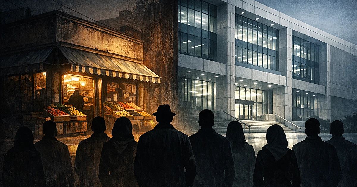 Small independent grocery store contrasted with large modern institutional building, silhouetted figures in foreground