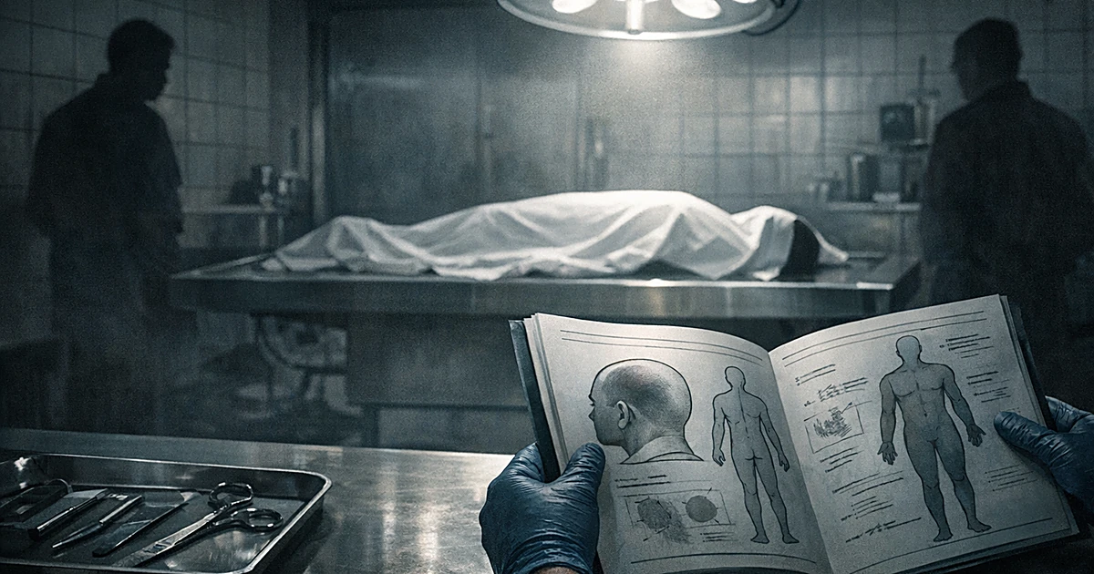 Medical examination room with covered form on table, overhead light, and hands holding autopsy report with diagrams