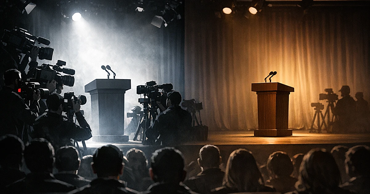 Two podiums on stage with contrasting lighting and different numbers of cameras surrounding each position